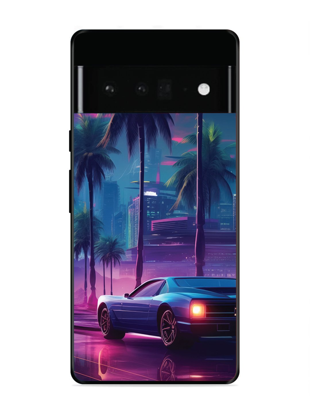 Google Pixel 6 Pro sunset-sports-car-city-palm-trees