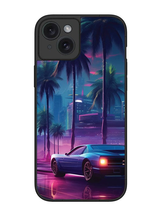 iPhone 15 Plus sunset-sports-car-city-palm-trees