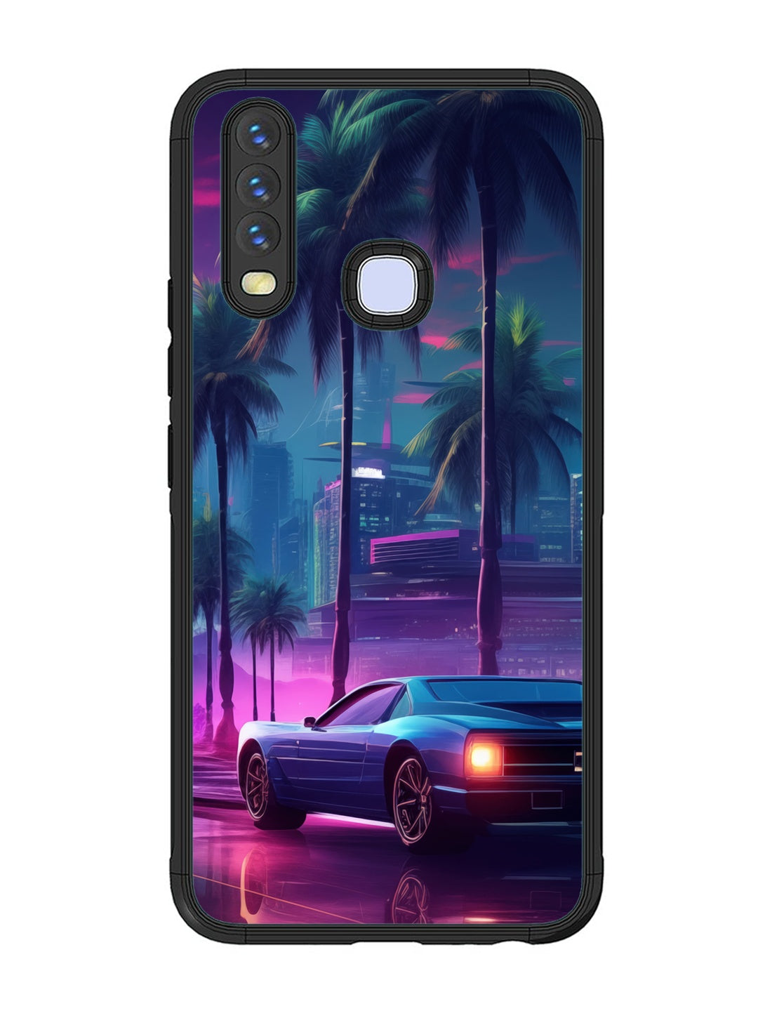 Vivo Y17 sunset-sports-car-city-palm-trees