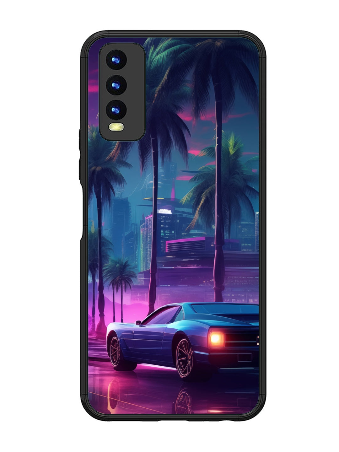 Vivo Y20 sunset-sports-car-city-palm-trees